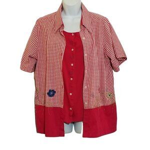 Bobbie Brooks Vintage Faux 2 Piece Red Top Size 14W Embroidered Beads Gingham Tw